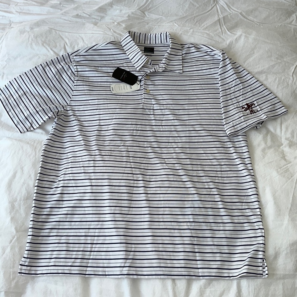Greg Norman NWT polo golf shirt OILMENS embroidered on sleeve